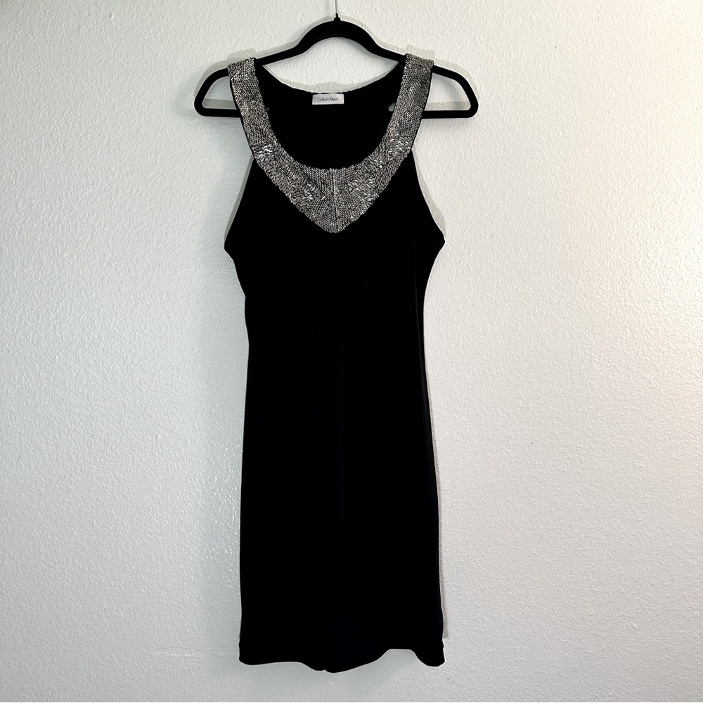 Calvin Klein Black Mini Dress with Silver Beaded Neckline